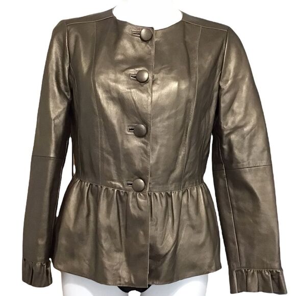 Luisa Spagnoli Gold Pearlized Leather Collarless Blazer Jacket Size 44 - Picture 2 of 16